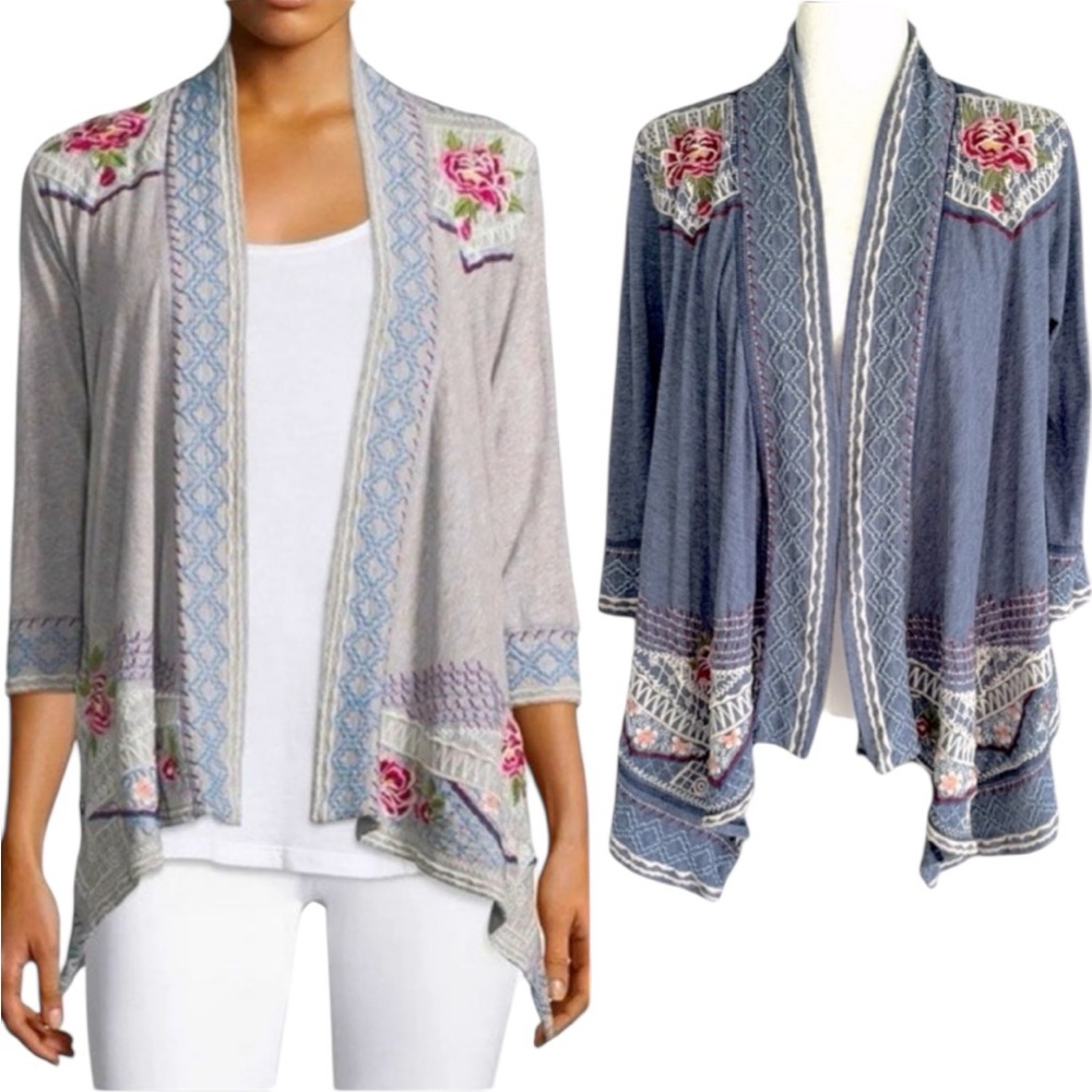 Johnny Was Sabine Blue Floral Embroidered Draped Open Front Cardigan - S